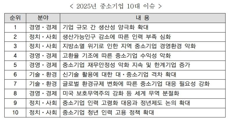 중소벤처기업부와 중소벤처기업연구원이 발표한 2025년 중소기업 10대 이슈.&#40;중소벤처기업부 제공&#41;