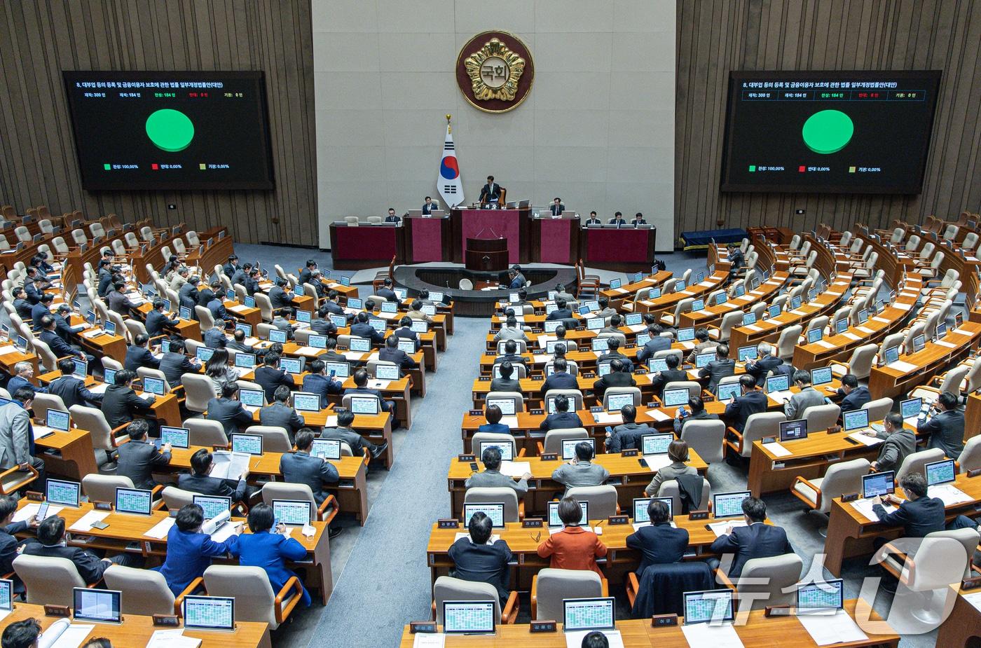 27일 오후 서울 여의도 국회 본회의장에서 열린 제420회 국회&#40;임시회&#41; 제2차 본회의에서 대부업 등의 등록 및 금융이용자 보호에 관한 법률 일부개정법률안&#40;대안&#41;이 가결되고 있다. 2024.12.27/뉴스1 ⓒ News1 이재명 기자