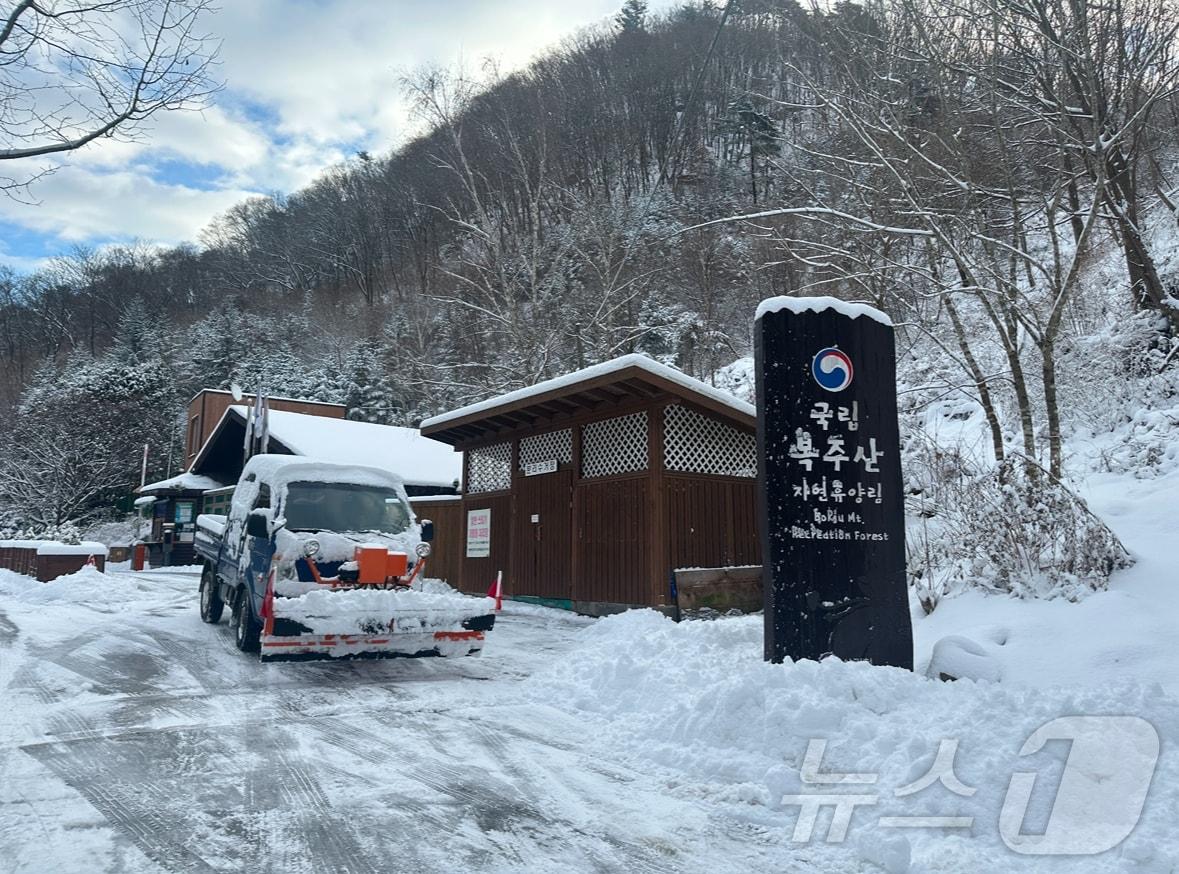 지난 11월말 국립복주산자연휴양림에서 제설 작업을 하는 모습.&#40;산림청 제공&#41;/뉴스1