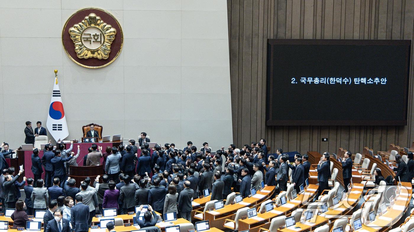 권성동 국민의힘 당 대표 권한대행 겸 원내대표와 의원들이 27일 오후 서울 여의도 국회에서 열린 제420회국회&#40;임시회&#41; 제2차 본회의에서 우원식 국회의장을 향해 한덕수 대통령 권한대행 국무총리 탄핵소추안 의결 관련 항의하고 있다. 2024.12.27/뉴스1 ⓒ News1 이재명 기자