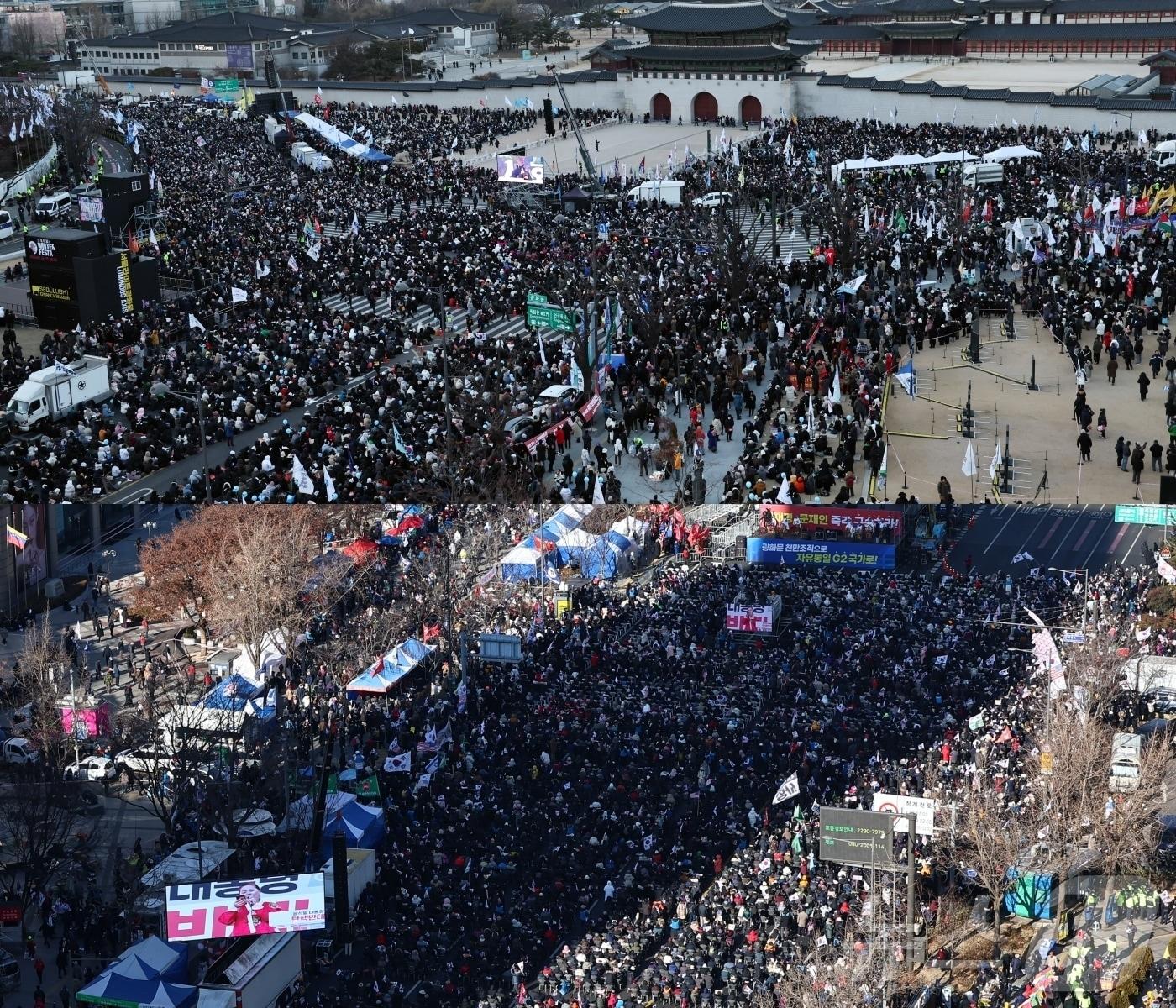 28일 서울 도심 광화문 일대에서는 윤석열 대통령 탄핵을 촉구하거나 반대하는 대규모 집회가 열렸다. 사진은 경복궁 동십자각 인근에서 열린 &#39;윤석열즉각퇴진·사회대개혁 비상행동&#39; 주최 촛불집회&#40;위&#41;와 동화면세점 앞에서 열린 대한민국바로세우기국민운동본부 주최 대통령 탄핵 반대 자유민주주의 수호 광화문 국민혁명대회&#40;아래&#41;. 2024.12.28/뉴스1 ⓒ News1 구윤성 기자,김도우 기자