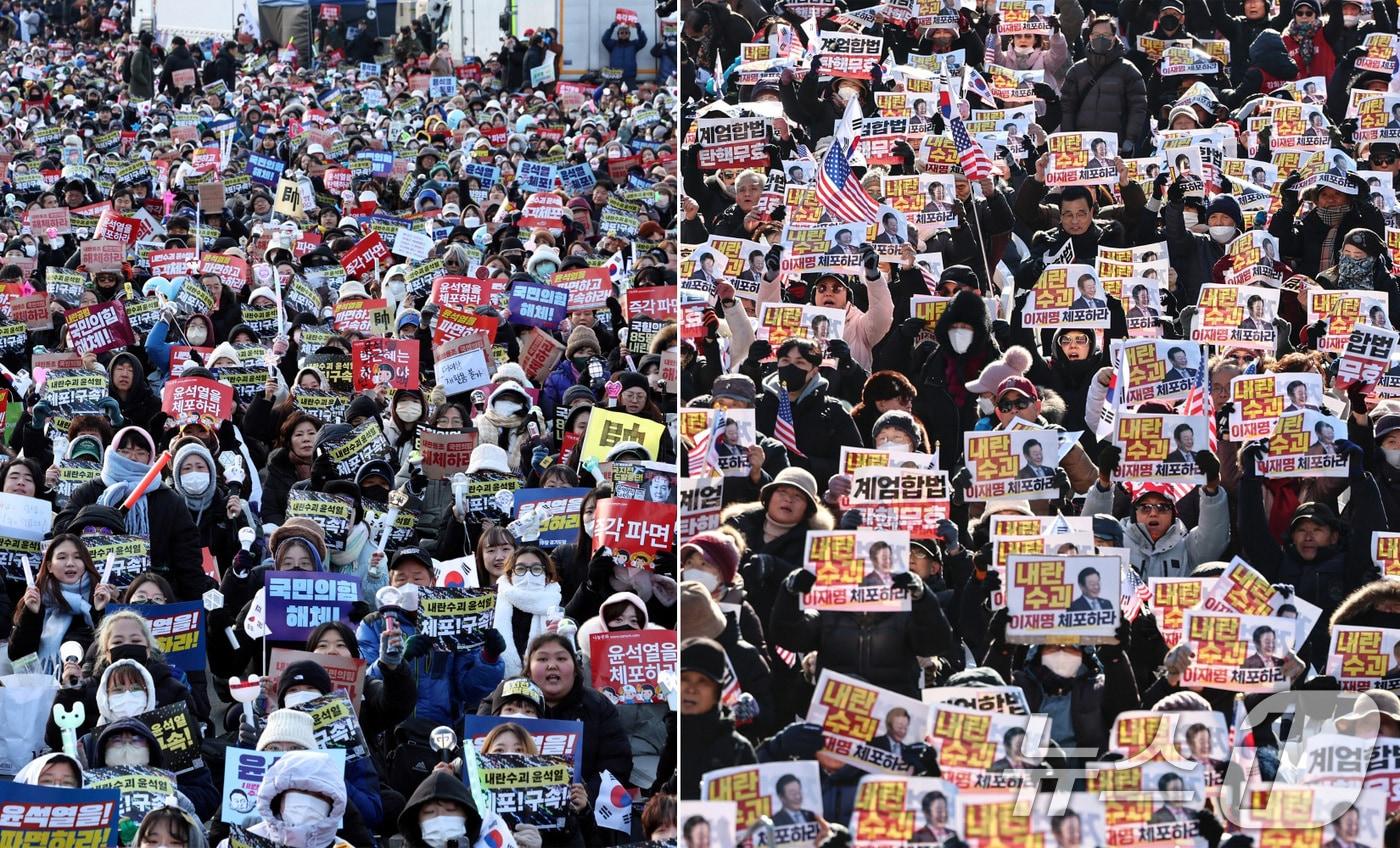 28일 서울 도심 광화문 일대에서 윤석열 대통령 탄핵을 촉구하는 집회&#40;왼쪽&#41;와 탄핵 반대 맞불집회가 각각 열리고 있다. 2024.12.28/뉴스1 ⓒ News1 구윤성 기자,김도우 기자