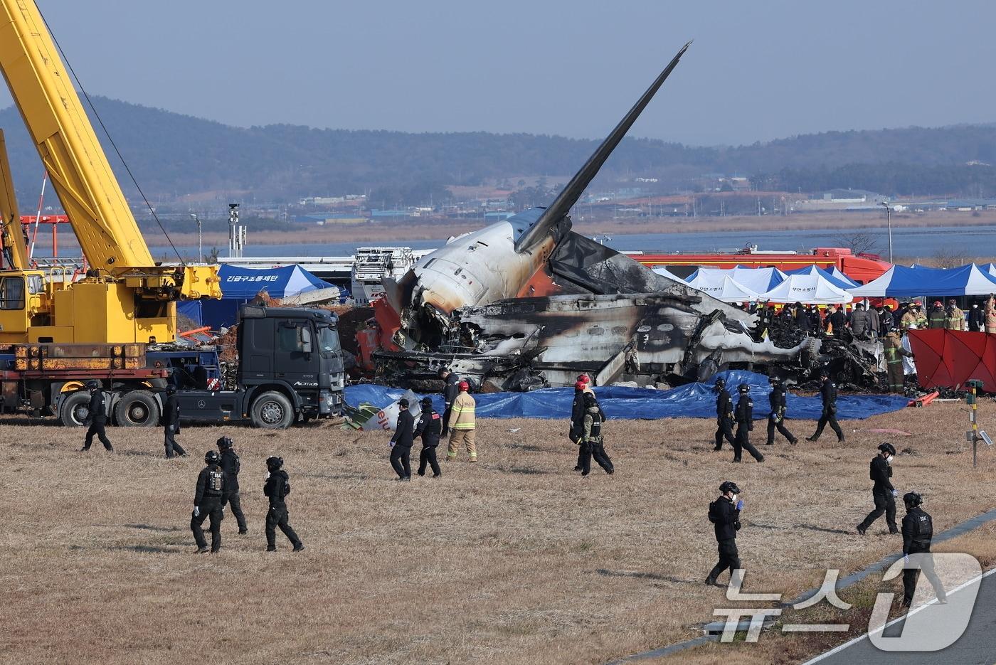 29일 오전 9시 3분께 전남 무안국제공항에서 181명이 탑승한 여객기가 추락해 소방대원들이 사고 수습 작업을 하고 있다.2024.12.29/뉴스1 ⓒ News1 김성진 기자