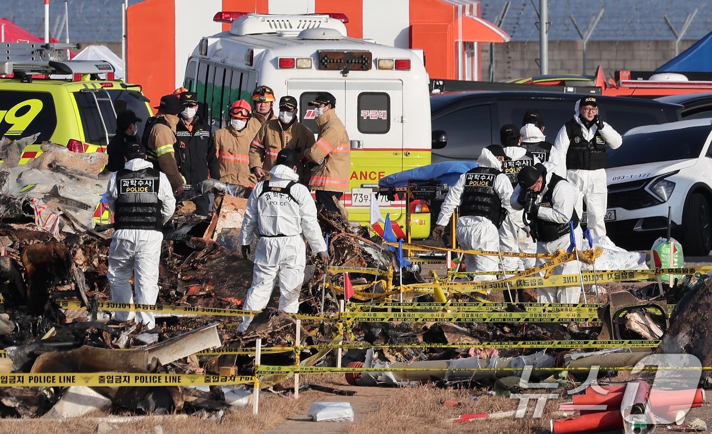 30일 오전 전남 무안국제공항 제주항공 여객기 참사 현장에서 과학수사 경찰들이 현장 감식을 하고 있다. 2024.12.30/뉴스1 ⓒ News1 김성진 기자