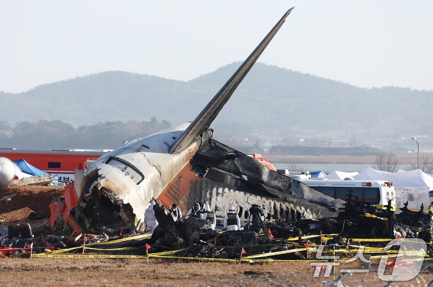 31일 전남 무안국제공항 제주항공 여객기 참사 현장에서 과학수사 경찰들이 현장 감식을 하고 있다. 2024.12.31/뉴스1 ⓒ News1 김민지 기자