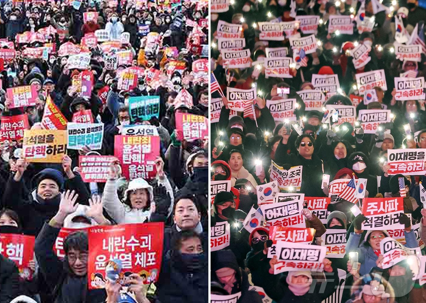 윤석열 대통령에 대한 탄핵소추안 표결이 이뤄지는 7일 서울 시내 곳곳에는 탄핵 찬반 집회가 열렸다. 사진 왼쪽은 서울 영등포구 여의도 국회의사당 앞에서 열린 &#39;범국민촛불대행진&#39;에서 시민들이 윤석열 대통령의 탄핵소추안 통과를 촉구하며 구호를 외치는 모습. 오른쪽은 자유통일당과 대한민국바로세우기 국민운동본부 등 보수단체 회원들이 &#39;김건희 여사 특별법&#39; 부결 소식과 &#39;윤석역 대통령 탄핵안&#39; 부결 전망에 기뻐하고 있는 모습. 2024.12.8/뉴스1 ⓒ News1 신웅수 기자,민경석 기자