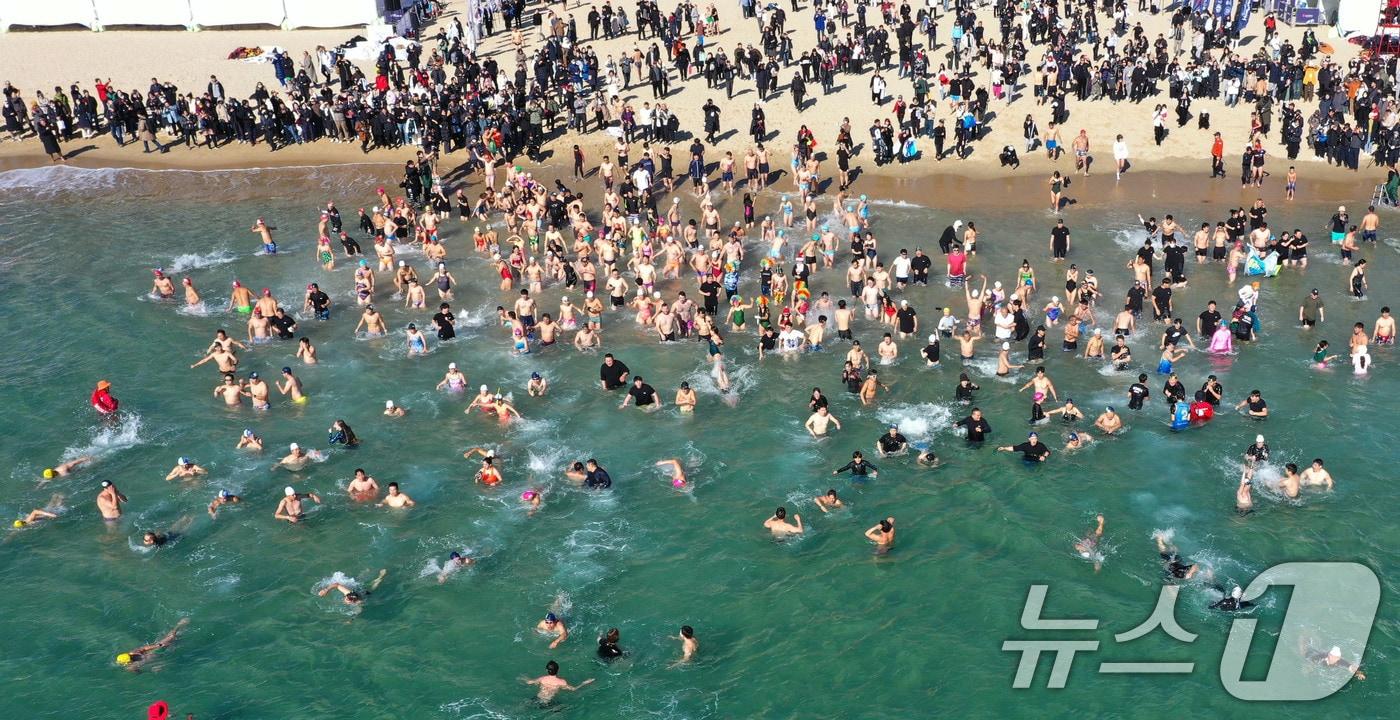 8일 부산 해운대해수욕장에서 열린 제37회 해운대 북극곰축제에서 참가자들이 차가운 겨울 바다에 뛰어들고 있다. &#40;부산일보 제공&#41; 2024.12.8/뉴스1 ⓒ News1 윤일지 기자