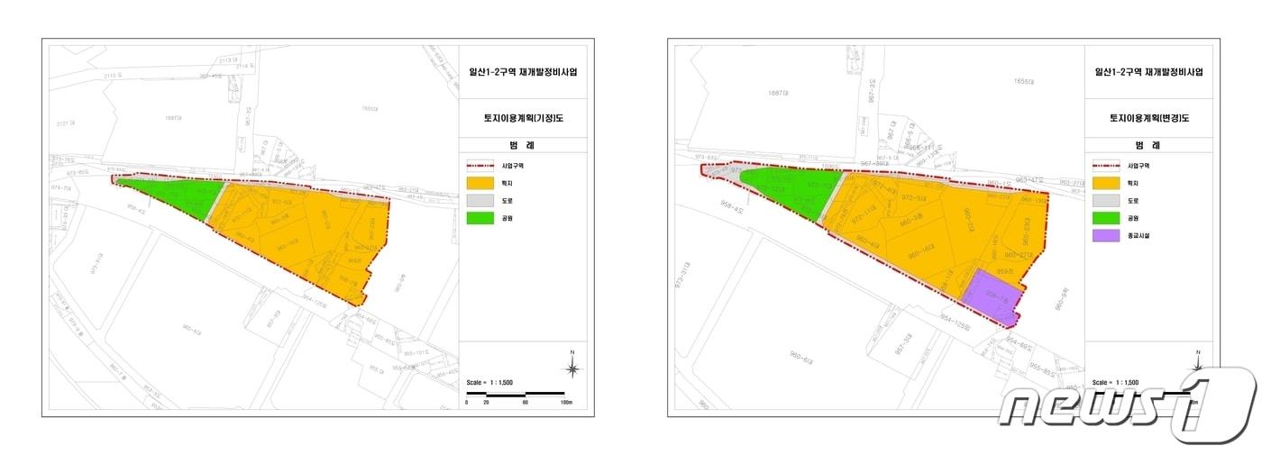고양 일산1-2구역 재개발 정비계획 변경 전&#40;왼쪽&#41;과 변경 후. &#40;고양시 제공&#41;