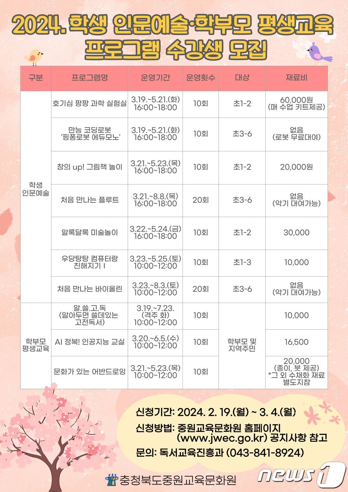 충북도교육청 중원교육문화원은 19일부터 3월4일까지 &#39;학생 인문예술 및 학부모 평생교육 프로그램&#39; 수강생을 모집한다./뉴스1