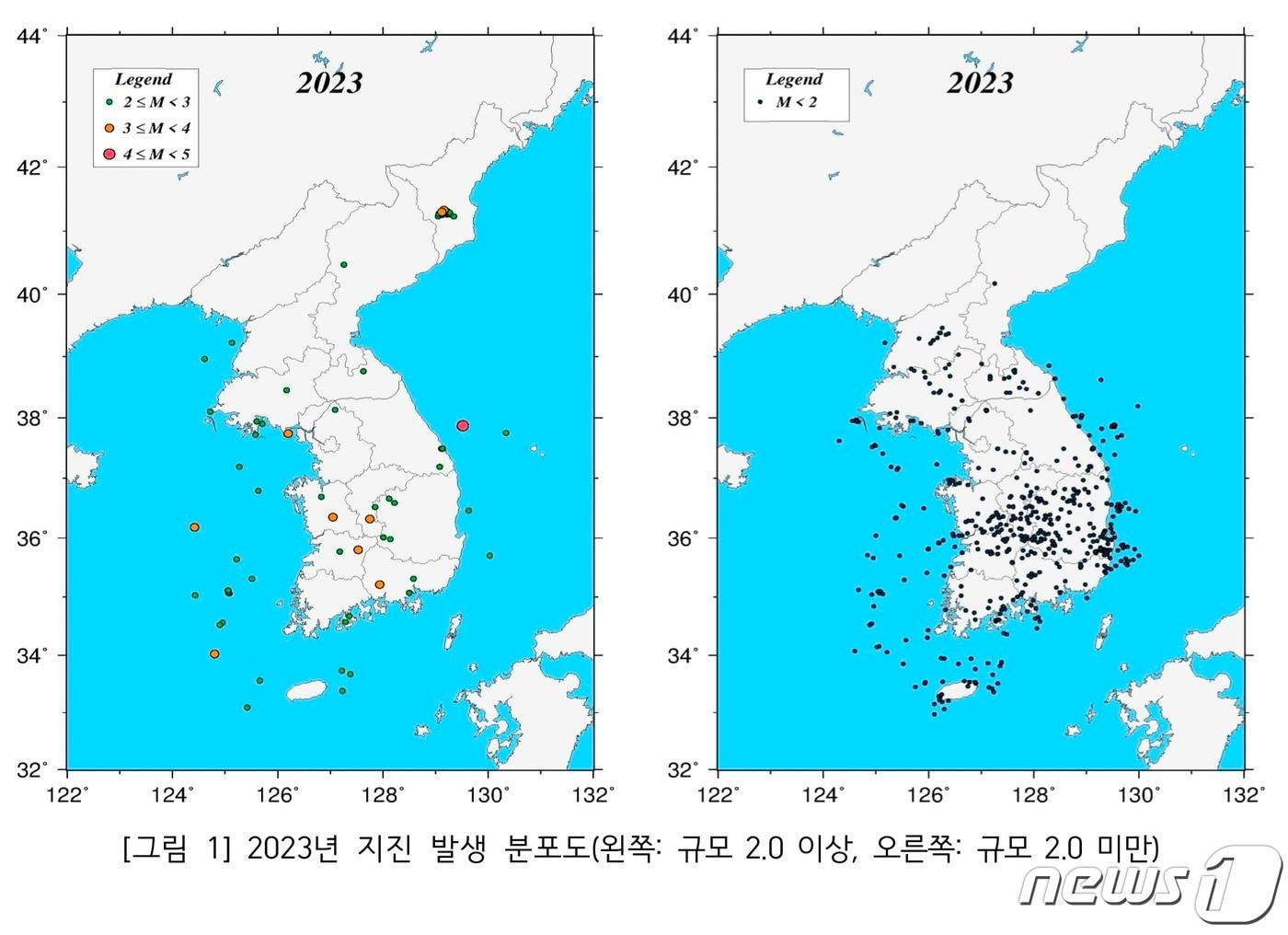 지난해 규모 2.0 이상 지진 발생&#40;왼쪽&#41;과 2.0 미만 지진 발생 현황&#40;기상청 제공&#41; ⓒ 뉴스1