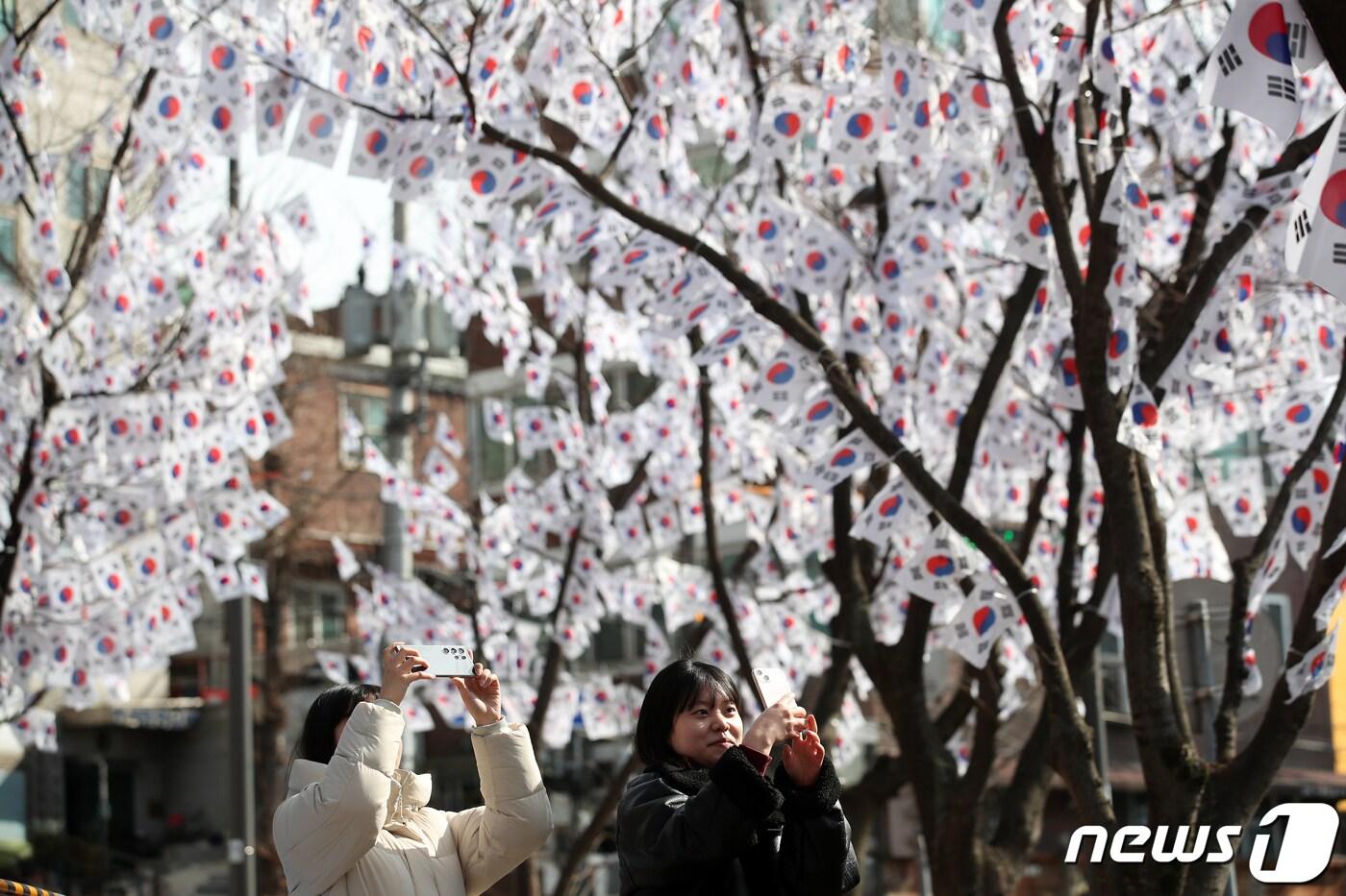 서울 용산구 효창공원 태극기 거리에서 시민들이 나무에 걸린 태극기를 촬영하고 있다. 2024.2.27/뉴스1 ⓒ News1 이승배 기자