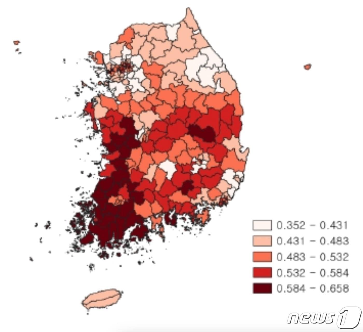 사회불안 지표를 반영한 최종 폭염 취약성 지수&#40;기후변화학회 제공&#41; ⓒ 뉴스1