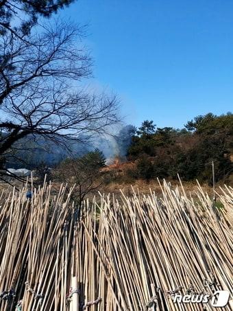 10일 오전 10시 59분쯤 전남 완도군 고금면 한 야산에서 화재가 발생해 연기가 피어오르고 있다.&#40;산림당국 제공&#41;2024.3.10/뉴스1 