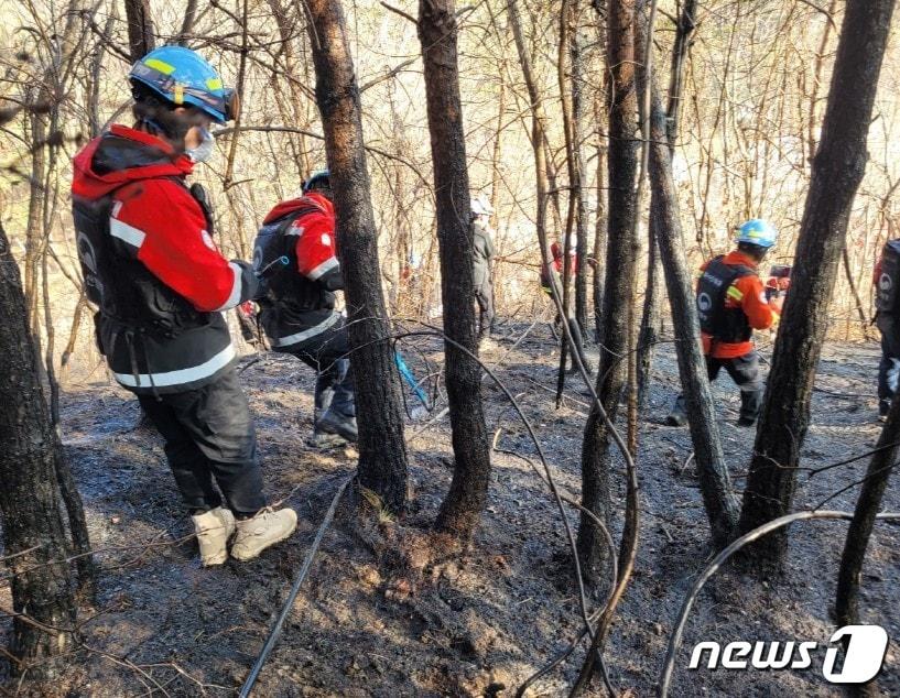 15일 오후 1시1분쯤 발생한 경북 영덕군 병곡면 각리리 야산 산불 현장에서 산림청 소방인력들이 진화작업을 하고 있다. &#40;산림청 제공&#41; 2024.3.15/뉴스1