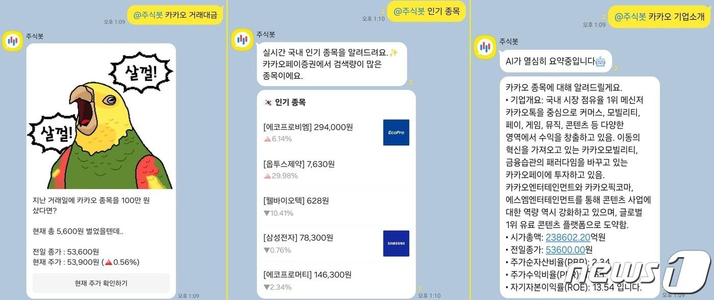 카카오톡 &#39;팀채팅&#39;에 &#39;AI주식봇&#39;을 적용한 화면 ⓒ 뉴스1