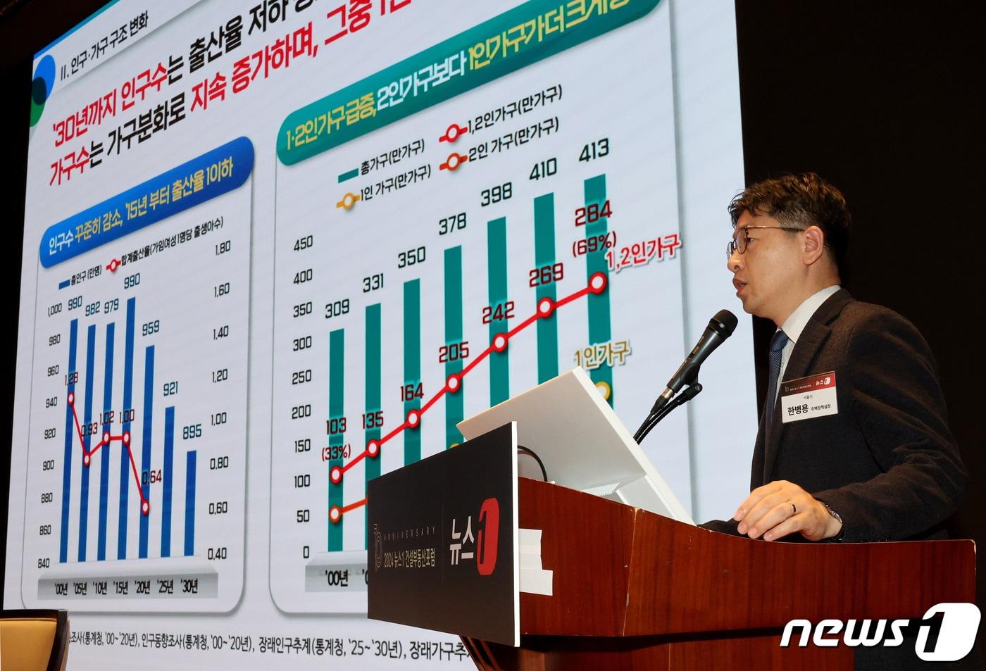 한병용 서울시 주택정책실장이 26일 서울 여의도 한국거래소 컨퍼런스홀에서 열린 2024 뉴스1 건설부동산포럼에서 &#39;주택 공급을 넘어 주거 가치를 실현하는 서울시 주택정책&#39;을 주제로 발표하고 있다. 2024.3.26/뉴스1 ⓒ News1 장수영 기자