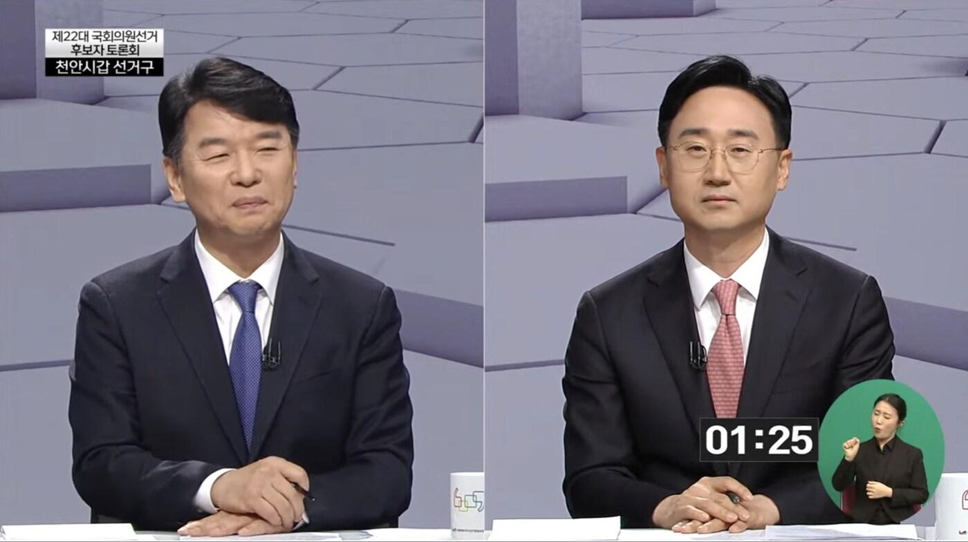 왼쪽부터 더불어민주당 문진석 후보, 국민의힘 신범철 후보.&#40;방송 화면 캡처&#41;