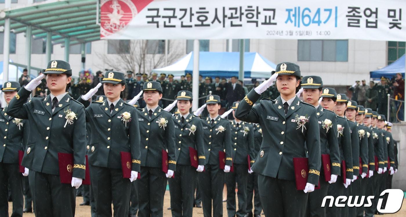 5일 대전 국군간호사관학교 연병장에서 열린 제64기 사관생도 졸업 및 임관식에서 졸업생도들이 거수경례를 하고 있다.&#40;사진은 기사 내용과 무관함&#41; / 뉴스1 ⓒ News1 2024.3.5/뉴스1 ⓒ News1 김기태 기자