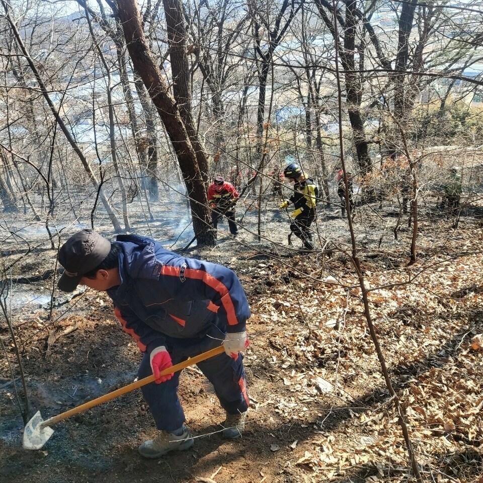 9일 낮 12시 57분께 충남 서천군 마산면 시선리 야산에서 산불이 발생해 진화대원들이 불을 끄고 있다. &#40;산림청 제공&#41;