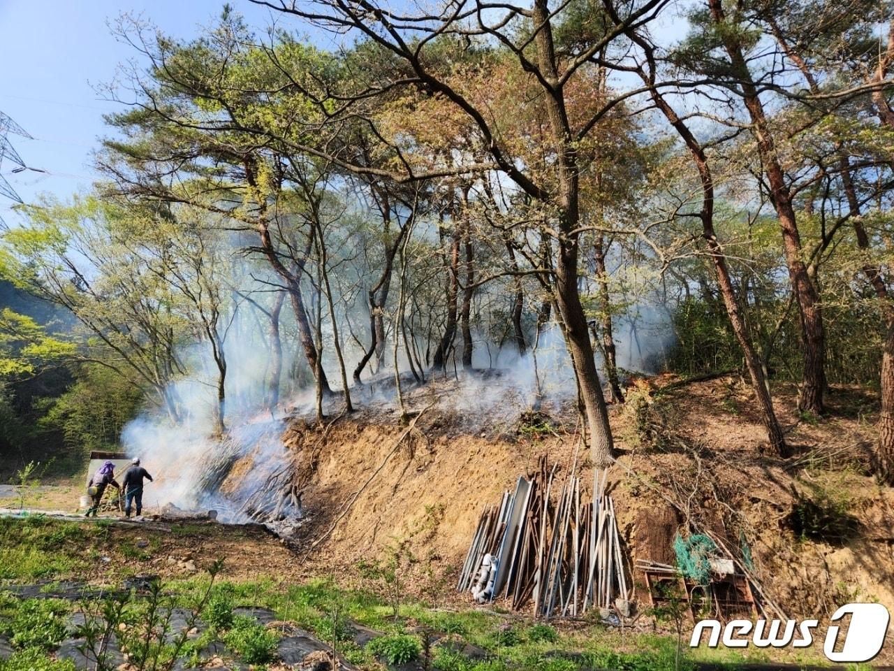 13일 오후 3시 48분쯤 전남 장성군 삼계면 한 밭에서 시작된 불이 인근 산으로 번져 소방당국이 진화작업을 하고 있다. &#40;전남 장성소방 제공&#41; 2024.4.13/뉴스1 