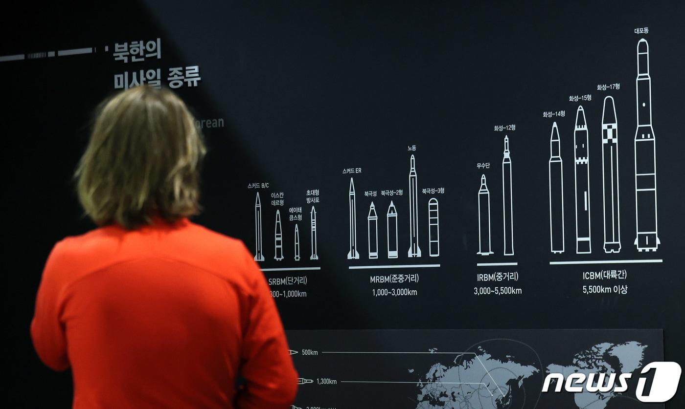 북한이 동해상으로 중거리급 탄도미사일&#40;IRBM&#41;을 발사한 2일 서울 용산구 전쟁기념관을 찾은 관람객들이 북한의 군사 도발실을 둘러보고 있다. 합동참모본부에 따르면 우리 군은 이날 오전 6시 53분쯤 평양 일대에서 동해상으로 발사된 중거리급 탄도미사일로 추정되는 비행체 1발을 포착했다. 이 탄도미사일은 이날 오전 7시 11분쯤 일본의 배타적 경제수역&#40;EEZ&#41; 밖에 낙하했다고 일본 매체들은 전했다. 비행 시간은 15분 가량으로 추정된다. 우리 군은 이날 북한이 쏜 탄도미사일의 비행거리와 고도, 속도 등 정확한 제원을 분석하고 있다. 2024.4.2/뉴스1 ⓒ News1 박지혜 기자