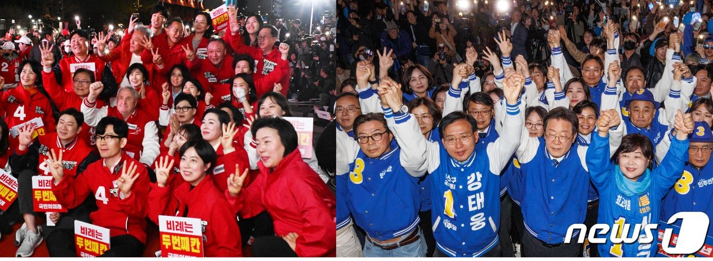 9일 밤 서울 청계광장에서 열린 국민의힘 파이널 유세 현장&#40;왼쪽&#41;과 용산역광장에서 열린 민주당 유세 현장