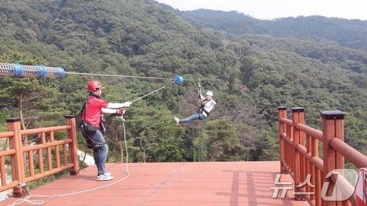 한 방문객이 용인자연휴양림의 대표 인기 시설인 &#39;짚라인&#39;을 즐기고 있는 모습.&#40;용인시 제공&#41;