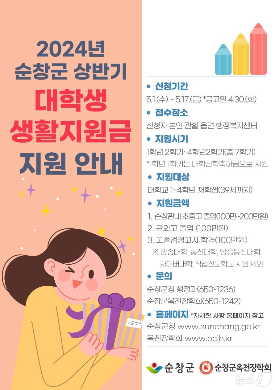 전북자치도 순창군이 추진 중인 ‘대학생 생활지원금 지원사업’ 포스터.&#40;순창군 제공&#41;/뉴스1