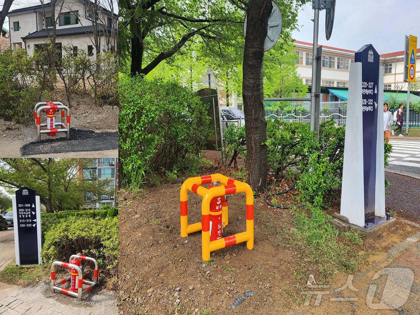 경북 포항시 남구 효곡동 지곡주택단지에 52년 만에 공설 소화전이 설치돼 각종 화재에 보다 신속하게 대응할 수 있게 됐다. 사진은 지곡단지 내 초등학교와 아파트 단지 등에 설치된 옥외 공설 소화전2024.5.17/뉴스1 최창호 기자  