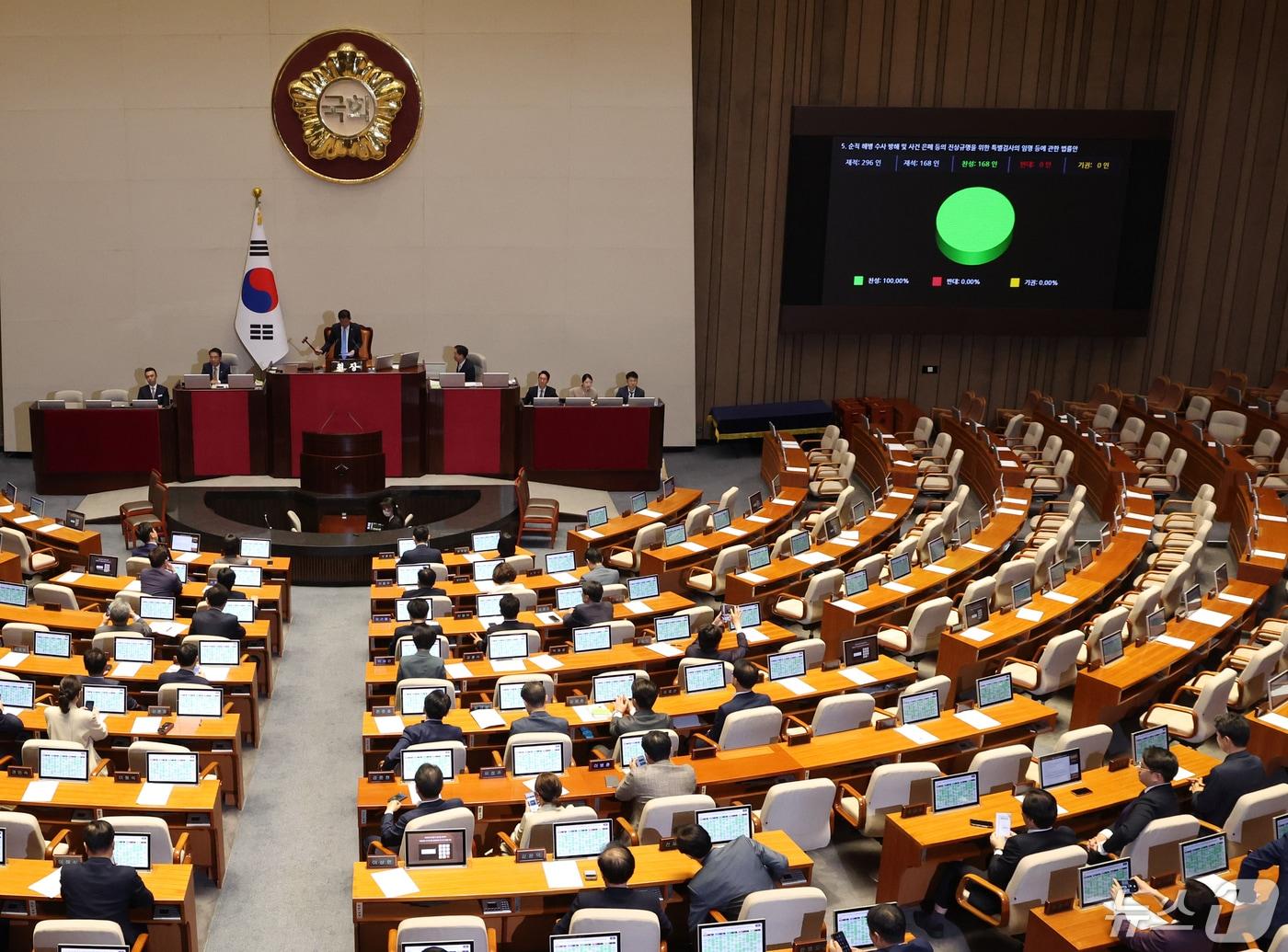 2일 서울 여의도 국회에서 열린 제414회국회&#40;임시회&#41; 제1차 본회의에서 &#39;채상병특검법&#39;&#40;순직 해병수사 방해 및 사건 은폐 등의 진상규명을 위한 특별검사의 임명 등에 관한 법률안&#41;이 야당 단독으로 통과되고 있다. 2024.5.2/뉴스1 ⓒ News1 송원영 기자