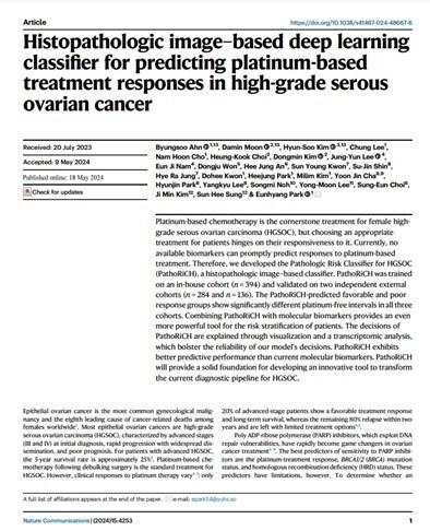 제이엘케이 연구진이 참여한 고등급 장액성 난소암&#40;high-grade serous ovarian cancer, 이하 HGSOC&#41; 환자의 치료 반응성 예측 연구 논문이 세계적 권위의 네이처커뮤니케이션즈에 게재된 모습.&#40;제이엘케이 제공&#41;/뉴스1ⓒ News1