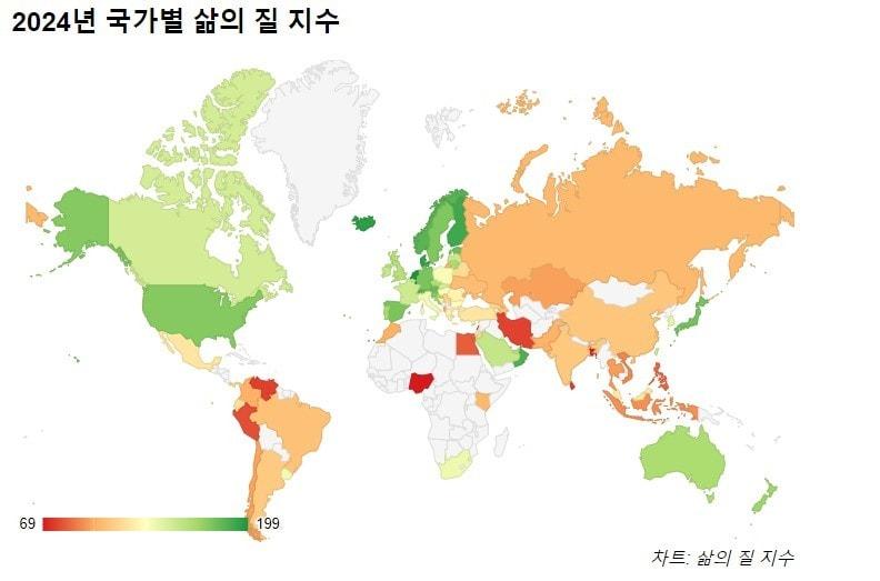 삶의 질 지수는 구매력, 오염 수준, 주택 가격, 생활비. 안전, 의료 품질 등 삶의 질에 영향을 미치는 다양한 요소를 고려하여 도시나 국가의 전반적인 삶의질을 평가한 것이다. 지도에서 붉은색 계열쪽으로 갈수록 삶의 질 지수가 낮은 편이고 초록색 계열쪽으로 갈수록 삶의 질이 높은 나라를 나타낸다. 캐나다는 삶의 질 지수가 세계 33위이다. 2024. 05. 22&#40;출처: NUMBEO 홈페이지 자료&#41;