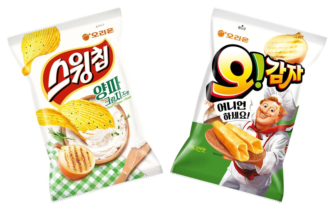 오리온 &#39;스윙칩 양파크림치즈맛&#39;, &#39;오!감자 어니언맛&#39; 제품 이미지.&#40;오리온 제공&#41;