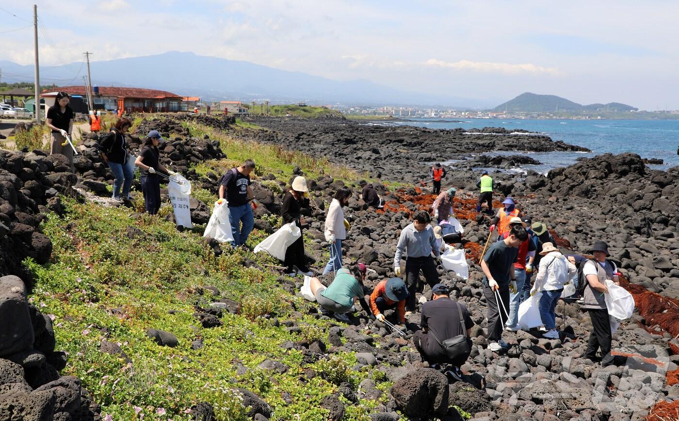 지난달 29일 제주시 조천읍 신흥리 관곶 앞바다에서 &#39;플라스틱 제로 제주 원정대&#39;가 플로깅&#40;Plogging·걷거나 뛰며 쓰레기를 줍는 활동&#41;을 하고 있다. 제주특별자치도와 제주관광공사가 운영하는 &#39;플라스틱 제로 제주 원정대&#39;는 제주환경자원순환센터 견학, 제주 해변 플로깅 등의 활동을 통해 지역사회에 자발적인 플라스틱 제로 실천 문화를 확산시키는 역할을 하고 있다.2024.5.29./뉴스1 ⓒ News1 오미란 기자