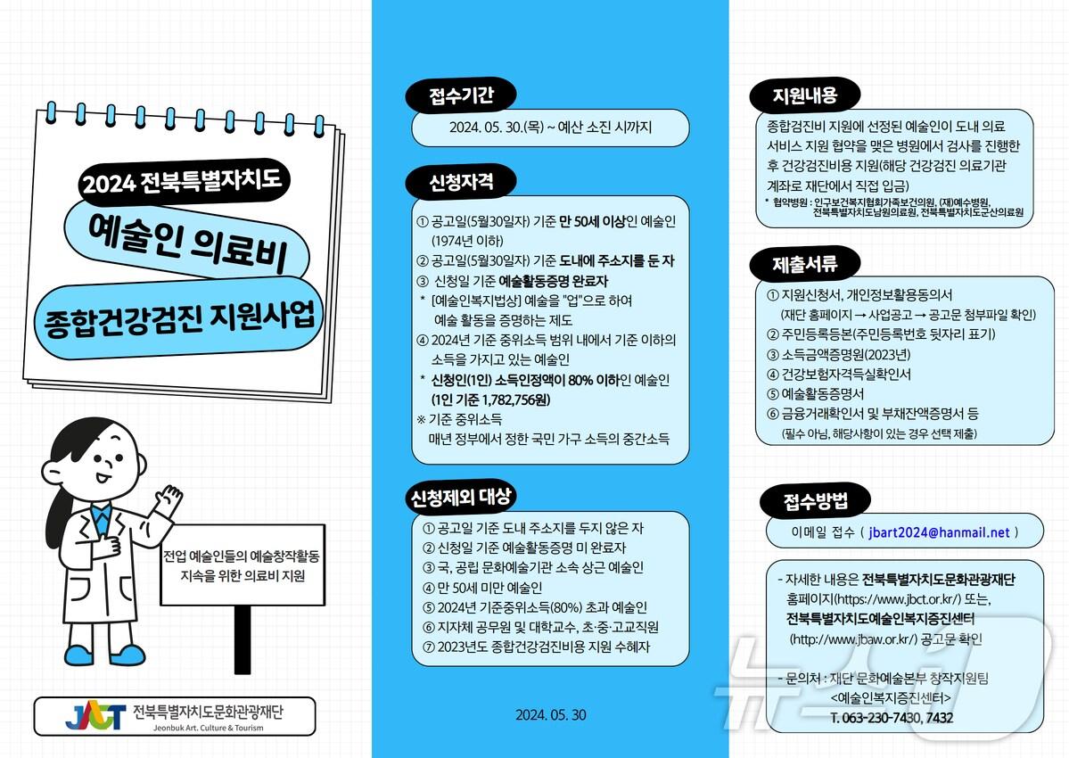 전북문화관광재단은 30일부터 &#39;2024 예술인의료비&#40;종합건강검진&#41;지원사업&#39; 접수를 받는다.&#40;전북문화관광재단 제공&#41;