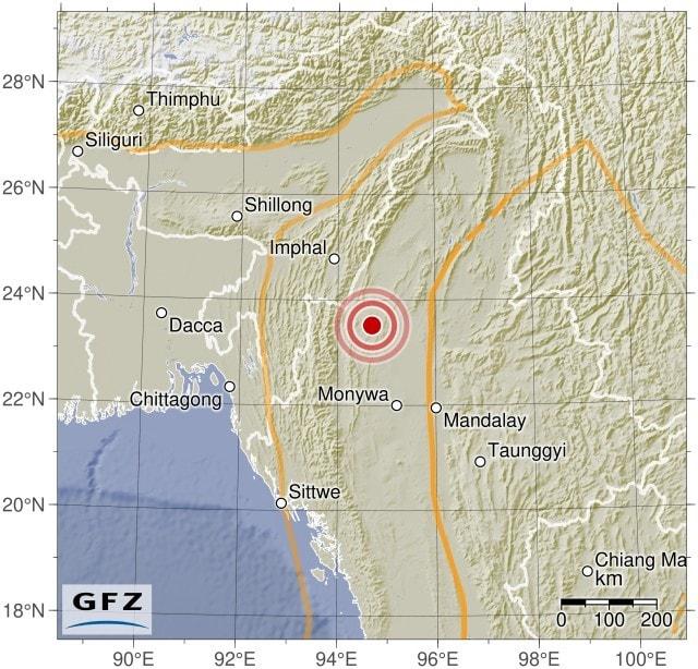 독일 지구과학연구센터&#40;GFZ&#41;가 29일&#40;현지시간&#41; 게시한 미얀마-인도 국경지서 발생한 지진의 진앙 표시도. 2024.05.29/
