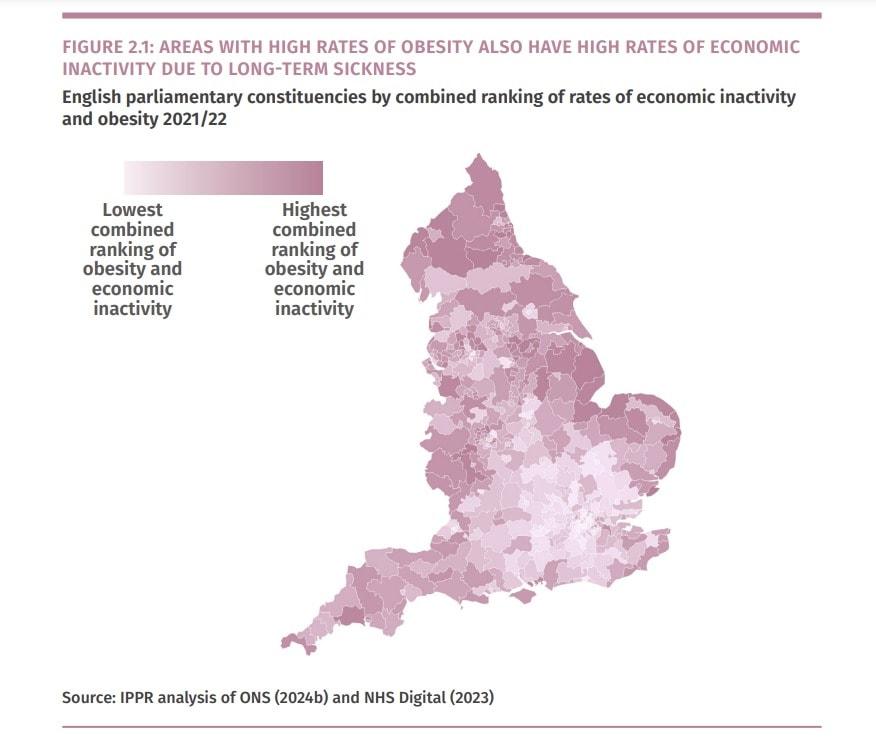 영국 싱크탱크 공공정책 연구소&#40;IPPR&#41;가 지난 2021~2022년기준 통계 자료를 토대로 영국 의회의 각 선거구별 비만 인구와 경제적 비활동성 수치를 합산해 나타낸 지도형 차트. 선거구 색깔이 진할수록 비만 인구 비율과 경제적 비활동성이 높은 지역을 의미한다. 비만율이 높은 지역은 장기적인 질병으로 인해 경제 활동률도 떨어지는 것으로 나타났다. &#40;IPPR 보고서 갈무리&#41;ⓒ 뉴스1 조아현 통신원