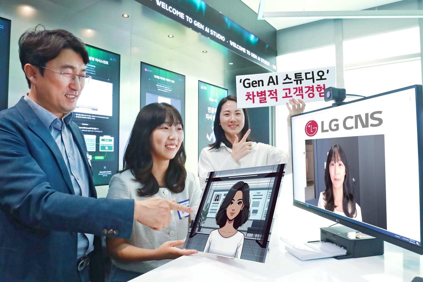 우정사업본부 직원들이 LG CNS &#39;Gen AI 스튜디오&#39; 투어에 참여해 이미지 생성형AI 서비스를 체험하고 있는 모습.&#40;LG CNS 제공&#41;