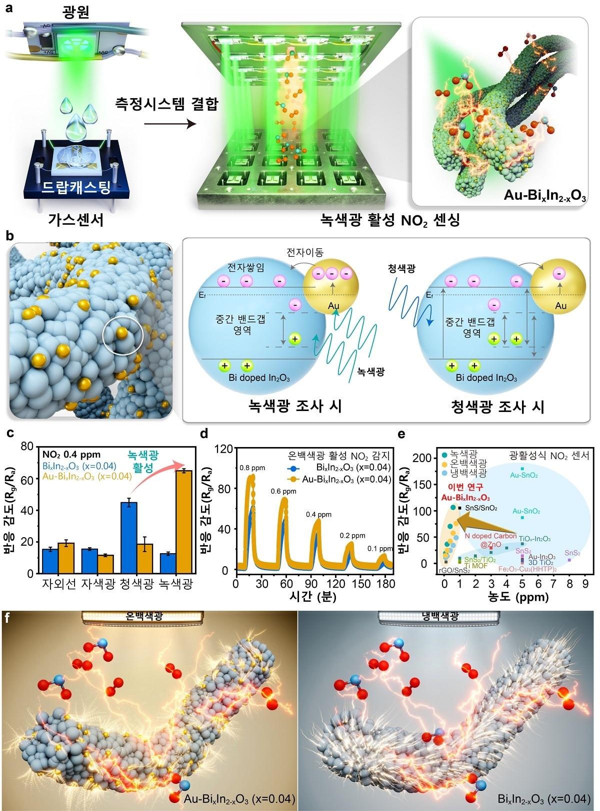 녹색광, 청색광에서의 광활성 매커니즘과 다양한 가시광 조건에서의 이산화질소 감지 결과 및 모식도. &#40;KAIST 제공&#41;/뉴스1