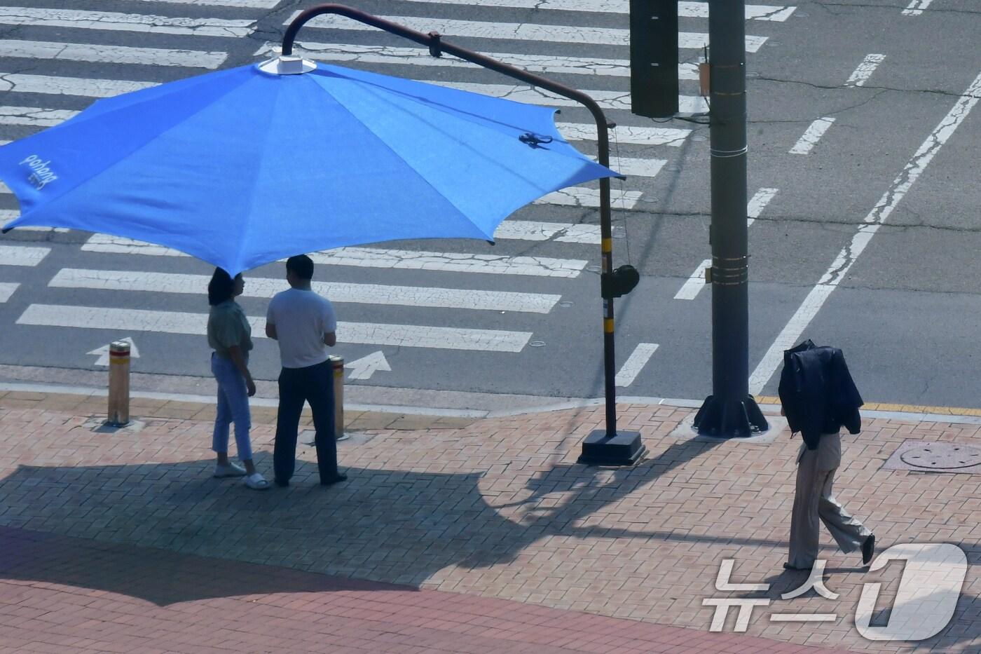 닷새째 폭염이 계속되는 가운데 경북지역에서 온열질환 여부를 묻는 신고가 소방 당국에 잇따랐다. 10일 경북 포항시청 앞 광장을 지나가는 시민이 내리쬐는 햇볕을 윗옷으로 가린 채 걸어가고 있다. 2024.6.10/뉴스1 ⓒ News1 최창호 기자