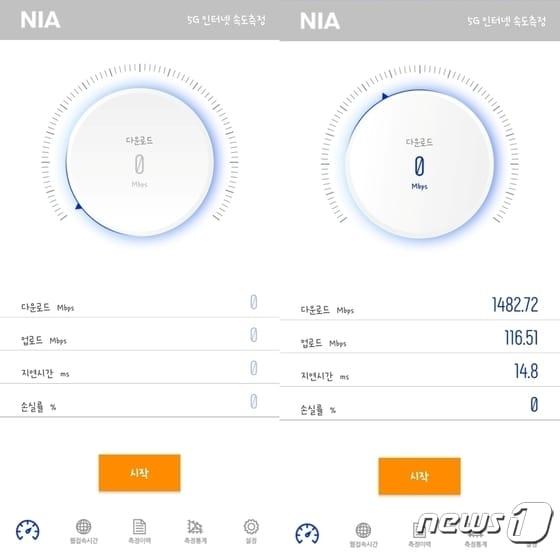 한국지능정보사회진흥원&#40;NIA&#41;의 &#39;무선인터넷 속도측정&#39; 애플리케이션을 통해 5G 인터넷 속도측정을 하기 전후 화면 갈무리. 2024.4.3/뉴스1 ⓒ News1 양새롬 기자