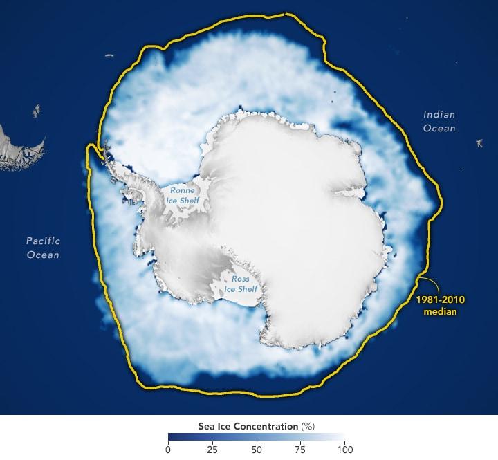 남극대륙. &#40;출처: NASA Earth Observatory images by Lauren Dauphin, using data from the National Snow and Ice Data Center, 사진&#40;2023&#41;, Wikimedia Commons, Public Domain&#41;