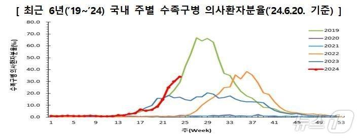 최근 6년 국내 주별 수족구병 의사환자분율.&#40;질병청 제공&#41;