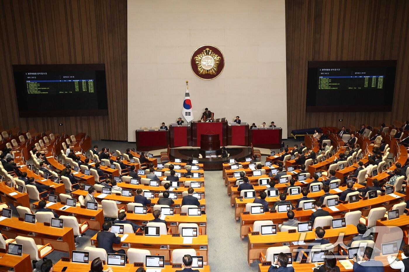 우원식 국회의장이 27일 오후 서울 여의도 국회에서 열린 제415회 국회&#40;임시회&#41; 제3차 본회의에서 상임위원장 선출 표결 결과를 발표하고 있다. 2024.6.27/뉴스1 ⓒ News1 김민지 기자