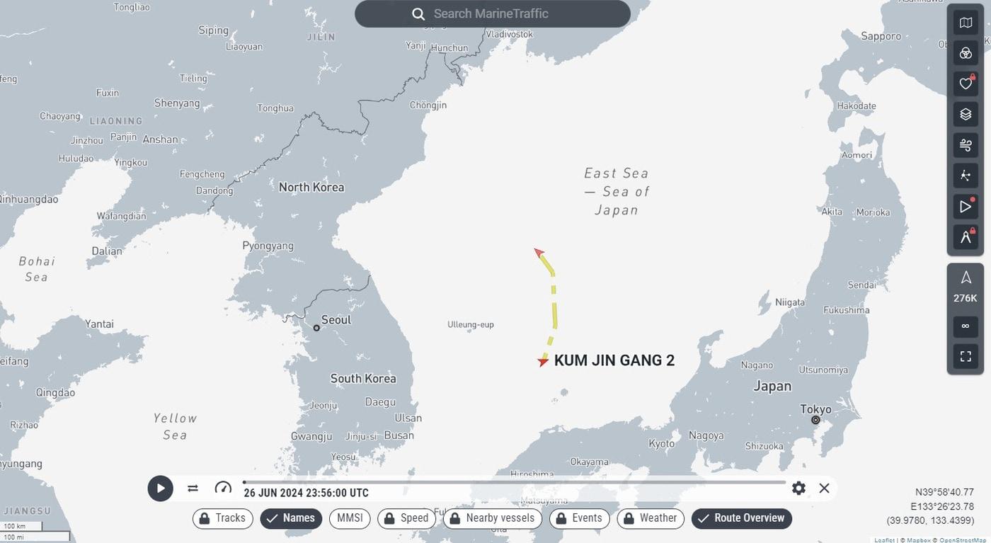 선박위치정보 &#39;마린트래픽&#39;에 나타난 제재 대상 북한 유조선 &#39;금진강 2호&#39;&#40;마린트래픽 갈무리&#41;