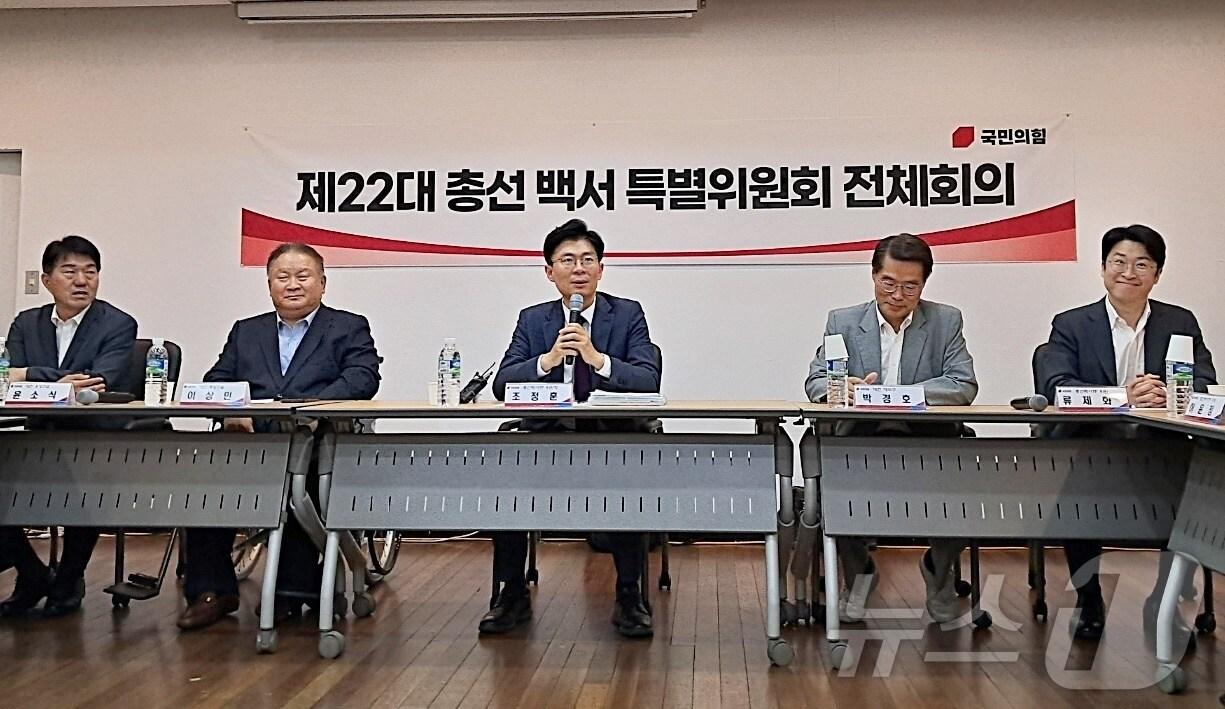 조정훈 국민의힘 총선 백서 특위 위원장이 지난 6월 3일 대전 중구 문화동 기독교연합봉사회관에서 열린 제22대 총선 백서 특별위원회 전체회의에서 인사말을 하고 있다. 2024.6.3 /뉴스1 ⓒ News1 최일 기자