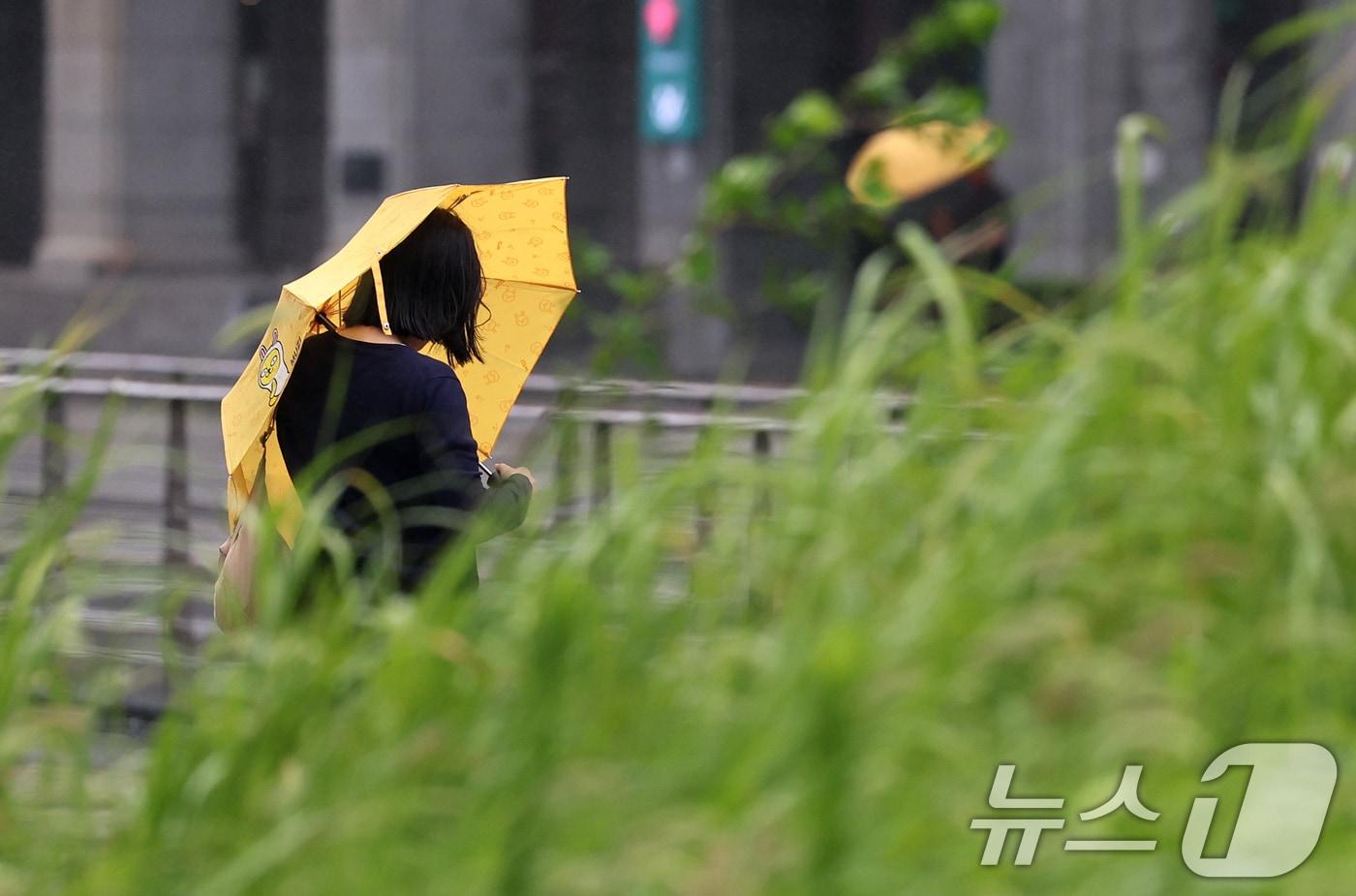 장마전선의 영향으로 전국이 흐린 가운데 30일 오전 서울 청계광장 일대에서 우산을 쓴 시민이 비바람을 막으며 걷고 있다. 2024.6.30/뉴스1 ⓒ News1 구윤성 기자