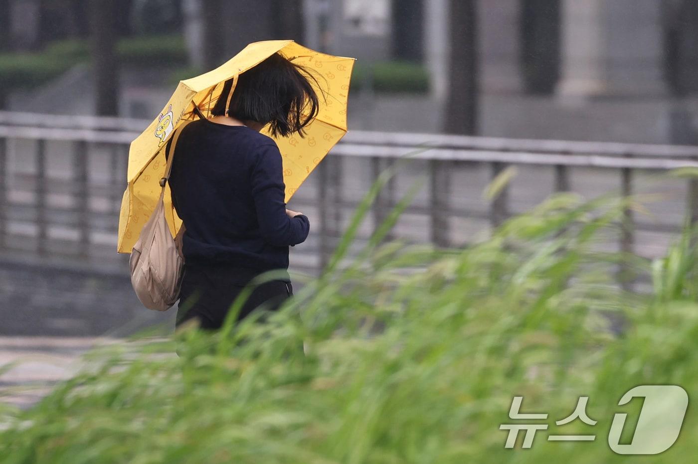 장마전선의 영향으로 전국이 흐린 가운데 30일 오전 서울 청계광장 일대에서 우산을 쓴 시민이 비바람을 막으며 걷고 있다. 2024.6.30/뉴스1 ⓒ News1 구윤성 기자