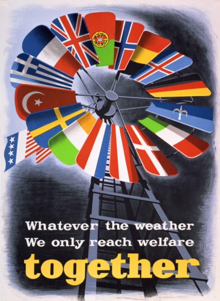 마셜 플랜 포스터. &#40;출처: Spreckmeester &#40;also credited as &#34;I. Spreekmeester&#34;&#41;, published Economic Cooperation Administration, 포스터&#40;1950&#41;, Wikimedia Commons, Public Domain&#41;