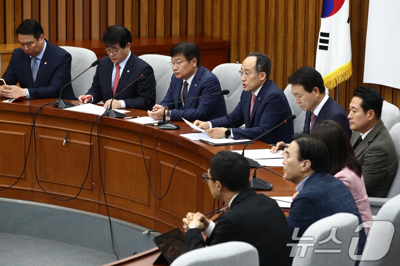 추경호 국민의힘 원내대표가 7일 오전 서울 여의도 국회에서 열린 원내대책회의에서 모두발언을 하고 있다.2024.6.7/뉴스1 ⓒ News1 이광호 기자